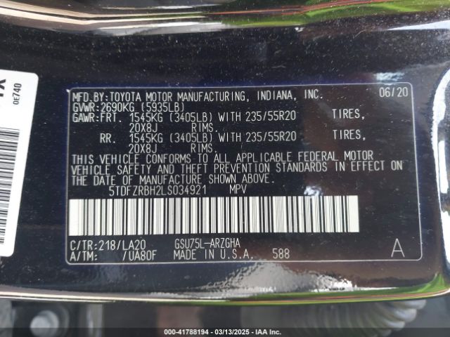5TDFZRBH2LS034921 Toyota Highlander Platinum