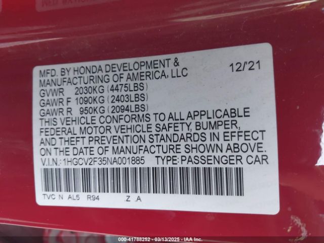 1HGCV2F35NA001885 Honda Accord Sport 2.0t