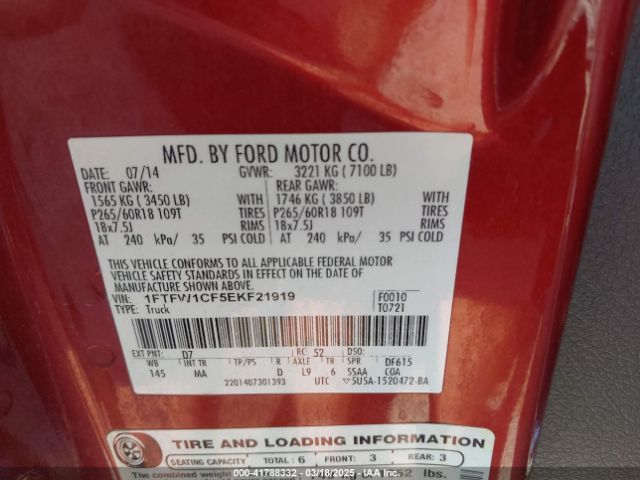1FTFW1CF5EKF21919 Ford F-150 Xlt