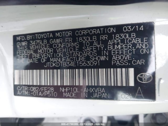 JTDKDTB34E1563091 Toyota Prius C One
