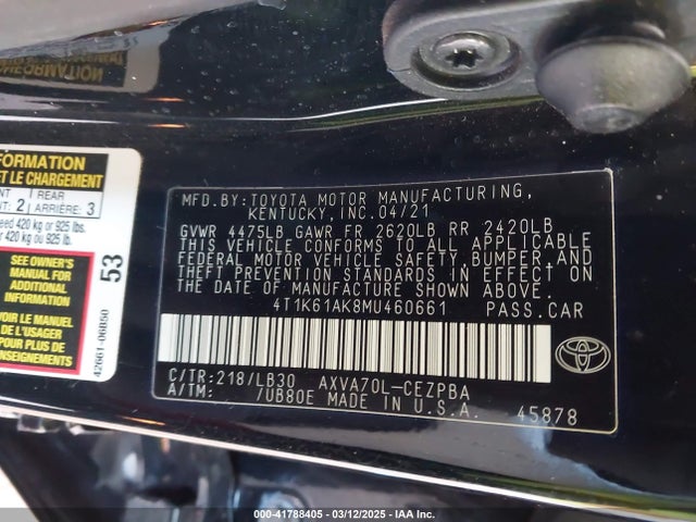 4T1K61AK8MU460661 Toyota CAMRY XSE
