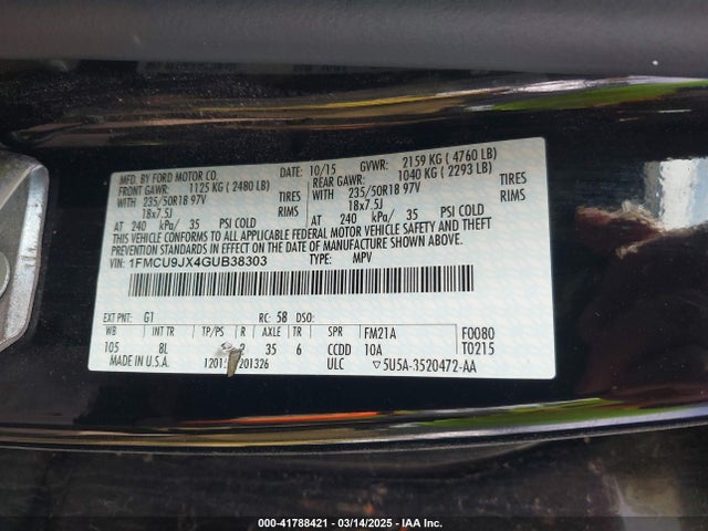 1FMCU9JX4GUB38303 Ford Escape Titanium