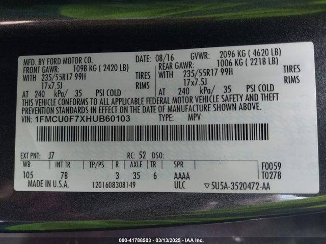 1FMCU0F7XHUB60103 Ford ESCAPE S