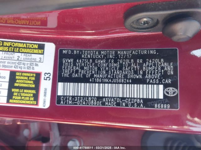 4T1B61HK4JU568244 Toyota CAMRY XSE