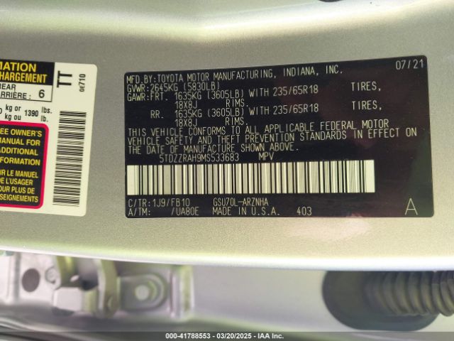 5TDZZRAH9MS533683 Toyota Highlander Le