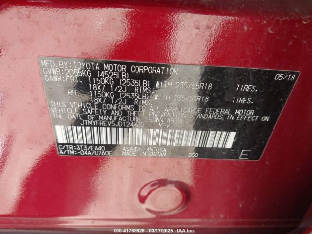JTMYFREV5JD124432 Toyota Rav4 Limited