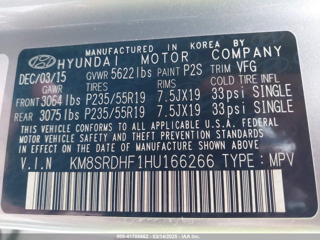 KM8SRDHF1HU166266 Hyundai Santa Fe Se Ultimate