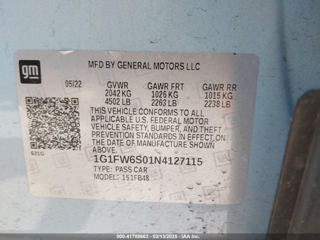 1G1FW6S01N4127115 Chevrolet Bolt Ev Fwd 1lt