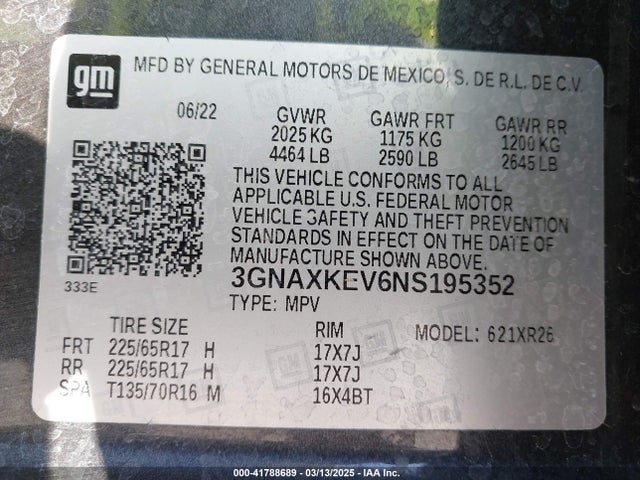 3GNAXKEV6NS195352 Chevrolet Equinox Fwd Lt