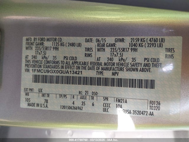 1FMCU9GX0GUA13421 Ford ESCAPE SE