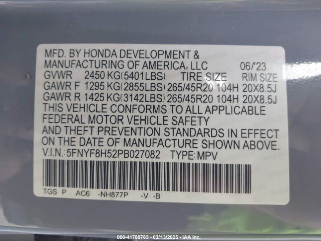5FNYF8H52PB027082 Honda Passport Awd Ex-l