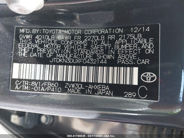 JTDKN3DUXF0432144 Toyota Prius Three