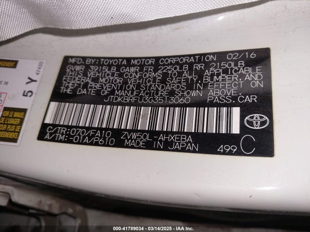 JTDKBRFU3G3513060 Toyota Prius Two