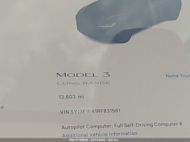 5YJ3E1EA1RF831561 Tesla MODEL 3