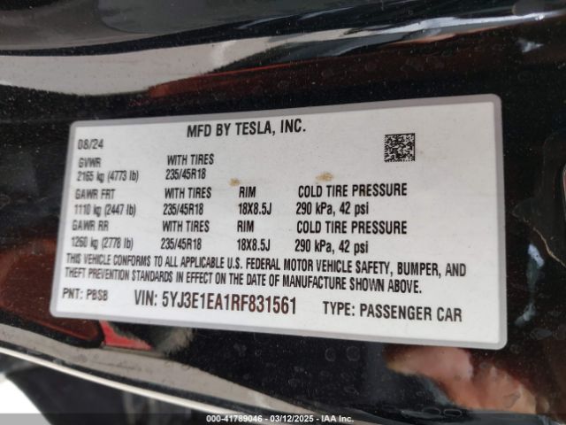 5YJ3E1EA1RF831561 Tesla MODEL 3