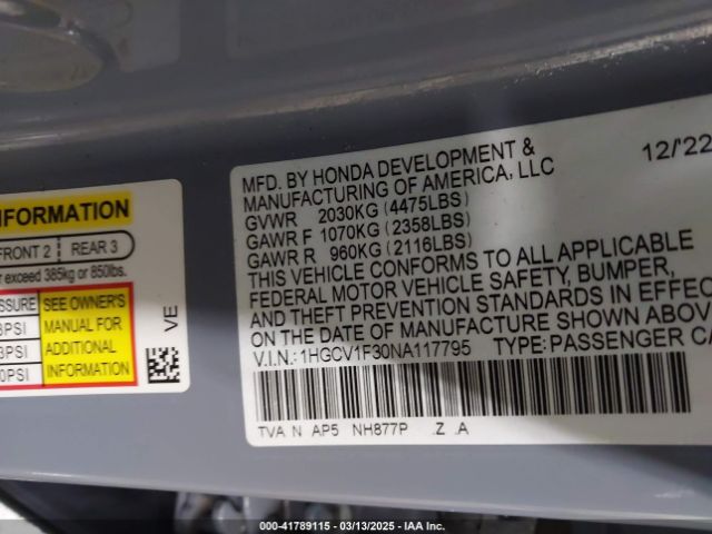 1HGCV1F30NA117795 Honda Accord Sport