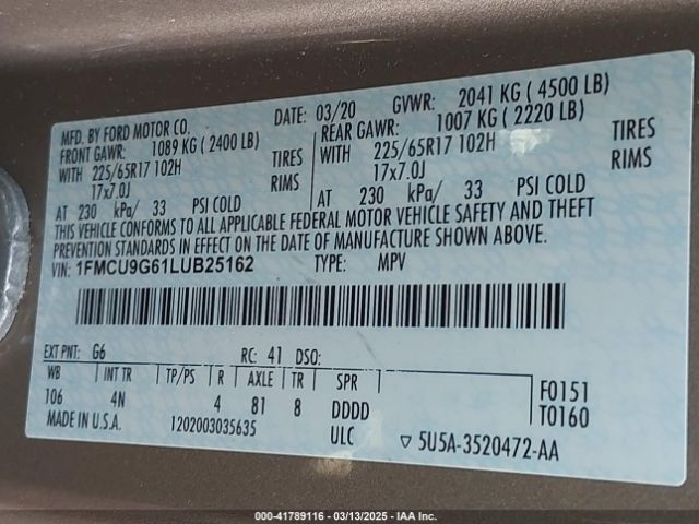 1FMCU9G61LUB25162 Ford ESCAPE SE