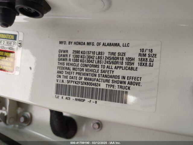 5FPYK2F52KB004624 Honda Ridgeline Rtl