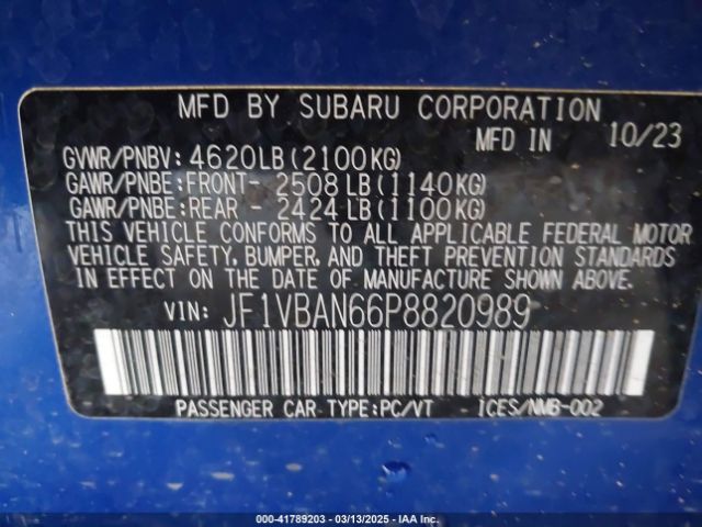 JF1VBAN66P8820989 Subaru Wrx Limited