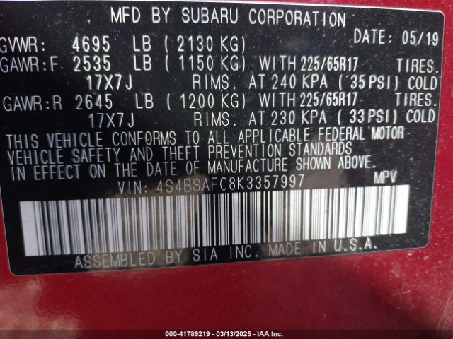 4S4BSAFC8K3357997 Subaru Outback 2.5i Premium