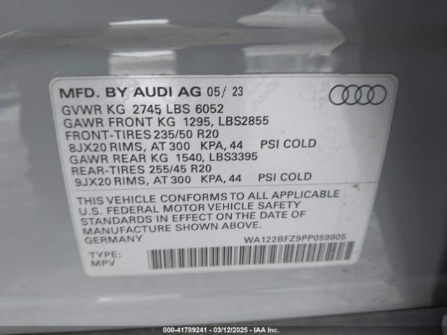 WA122BFZ9PP059905 Audi Q4 Sportback E-tron Premium 50 Quattro