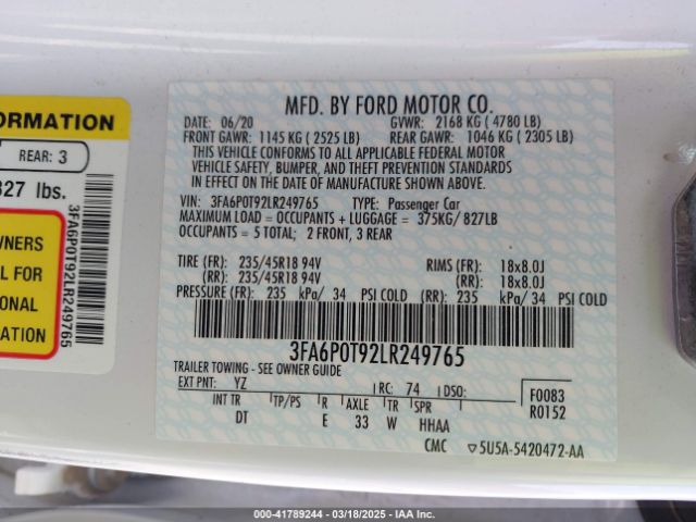 3FA6P0T92LR249765 Ford FUSION SE