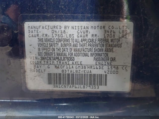 3N1CN7AP6JL879353 Nissan Versa 1.6 Sv