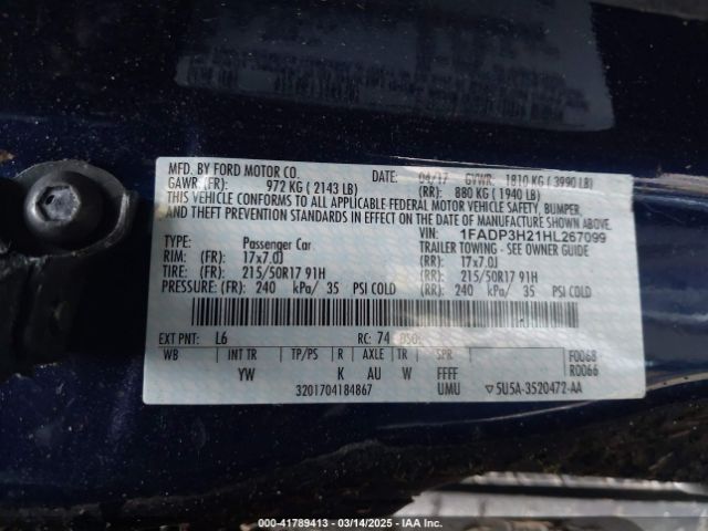 1FADP3H21HL267099 Ford FOCUS SEL