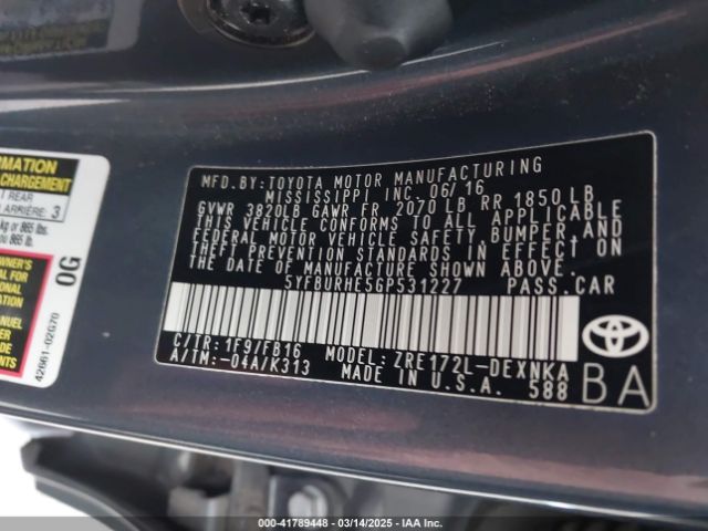 5YFBURHE5GP531227 Toyota Corolla Le Plus