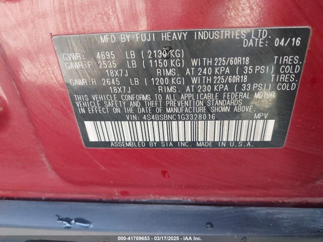 4S4BSBNC1G3328016 Subaru Outback 2.5i Limited