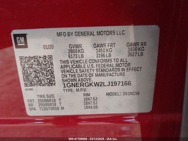 1GNERGKW2LJ197166 Chevrolet Traverse Fwd Lt Cloth