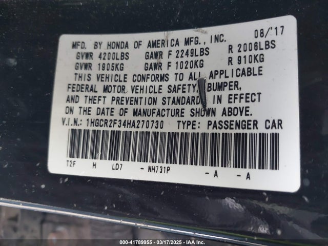 Honda ACCORD LX 2017 1HGCR2F34HA270730 Image 9