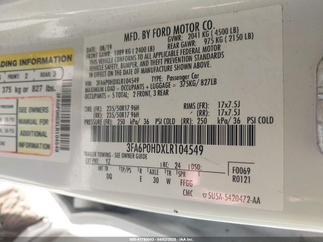 Ford FUSION SE 2020 3FA6P0HDXLR104549 Image 9