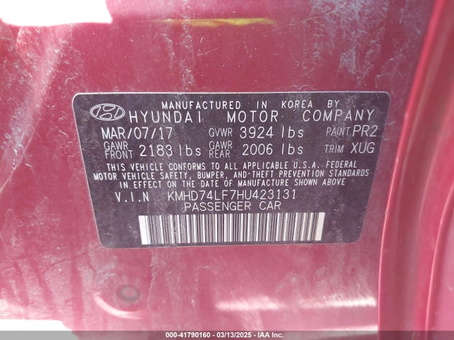 KMHD74LF7HU423131 Hyundai ELANTRA SE