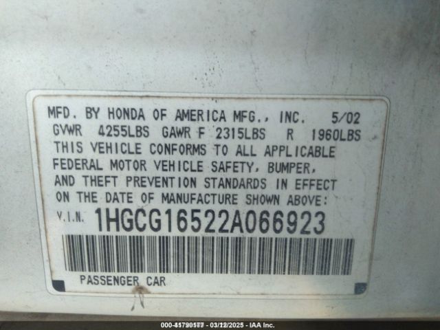 2002 HONDA ACCORD SDN 1HGCG16522A066923 Photo 8