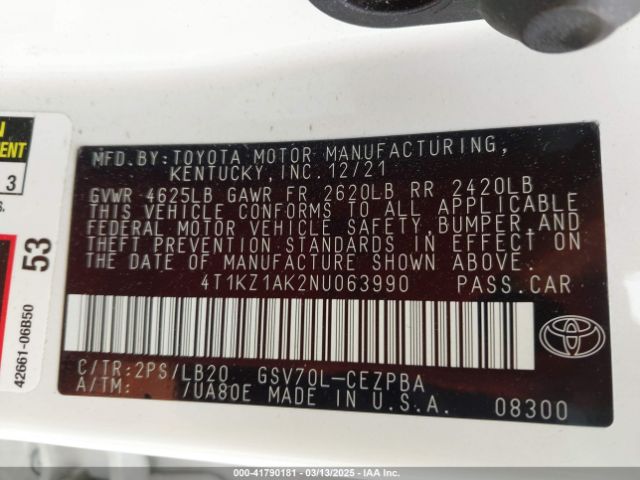 4T1KZ1AK2NU063990 Toyota Camry Xse V6