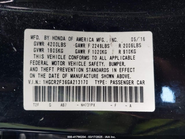 1HGCR2F36GA213170 Honda ACCORD LX
