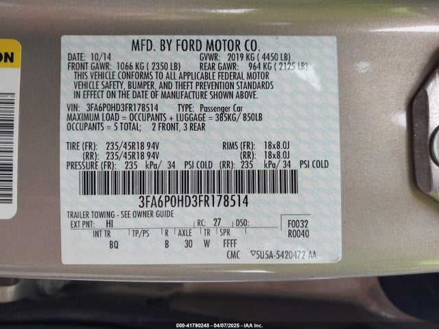 41790248 :رقم المزاد ، 3FA6P0HD3FR178514 vin ، 2015 Ford Fusion Se مزاد بيع