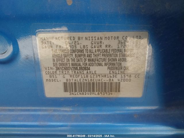 3N1CN8DV2ML893934 Nissan Versa S Xtronic Cvt