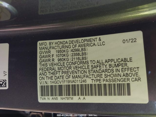 1HGCV1F19NA011246 Honda ACCORD LX