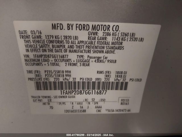1FAHP2D87GG116877 Ford TAURUS SE