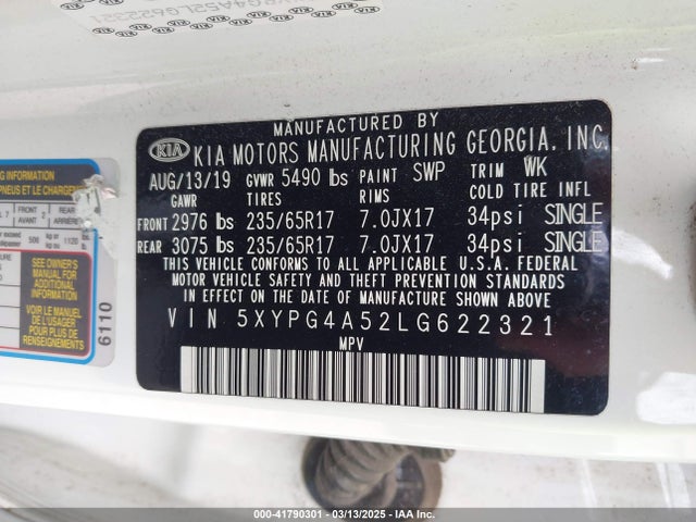 5XYPG4A52LG622321 KIA Sorento 3.3l Lx