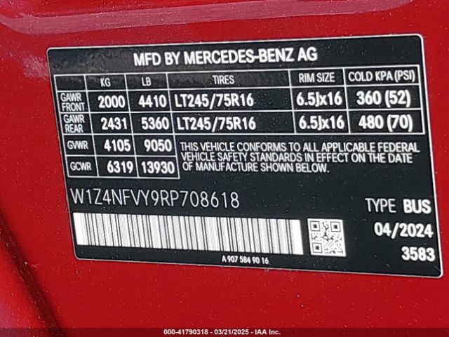 W1Z4NFVY9RP708618 Mercedes-Benz Sprinter 2500 Standard Roof 4-cyl Diesel Ho