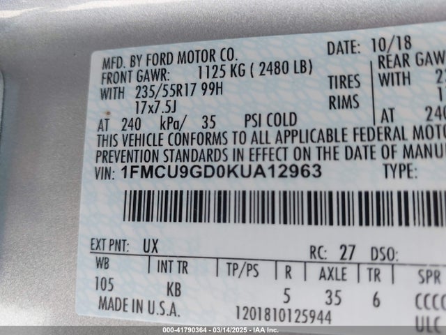 1FMCU9GD0KUA12963 Ford ESCAPE SE