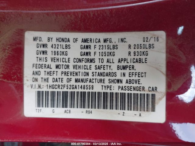 1HGCR2F52GA148559 Honda Accord Sport