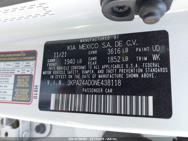 3KPA24AD0NE438118 KIA RIO LX