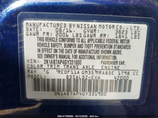 3N1AB7AP4GY331900 Nissan SENTRA SV