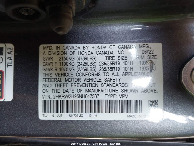 2HKRW2H95NH647587 Honda Cr-v Touring