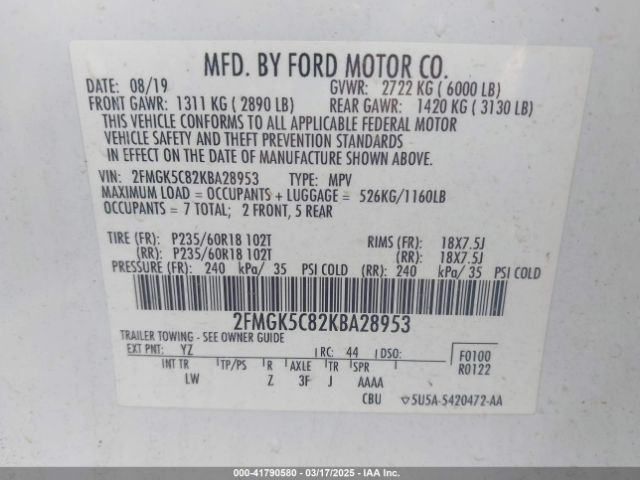 2FMGK5C82KBA28953 Ford FLEX SEL