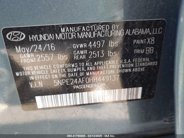 5NPE24AF0HH449137 Hyundai SONATA SE